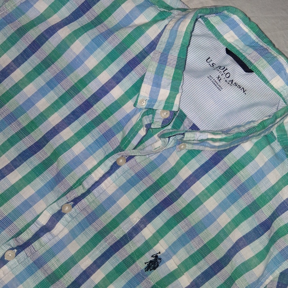 US Polo Assn Mens XL Short Sleeve Button Down Plaid‎ Shirt Blue Green White